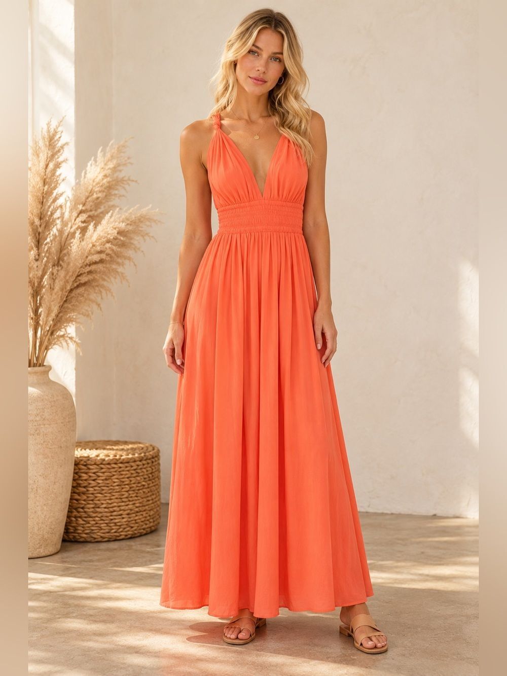 Anthropologie Flying Tomato Orange Ruched Plunge Sundress